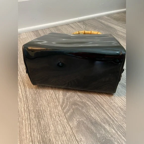 Vintage Evening Black Patent Vinyl Top Handle Handbag Purse, Bamboo Handle - Picture 7 of 11